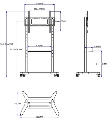 55"-86" supporto TV mobile regolabile con ruote, compatibilità per 43"-100" schermi piatti/curvi fino a 220 lbs telaio in acciaio, 5 opzioni di altezza, carrello TV rotante