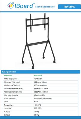 Nuovo arrivo Supporto per lavagna interattiva mobile da 42 a 75 pollici, supporto mobile per monitor TV sollevabile, portata massima 60 kg, ruote potenti, facile da spostare per supporto mobile per lavagna interattiva
