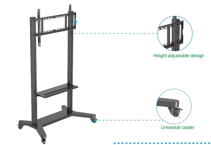 55"-86" supporto TV mobile regolabile con ruote, compatibilità per 43"-100" schermi piatti/curvi fino a 220 lbs telaio in acciaio, 5 opzioni di altezza, carrello TV rotante